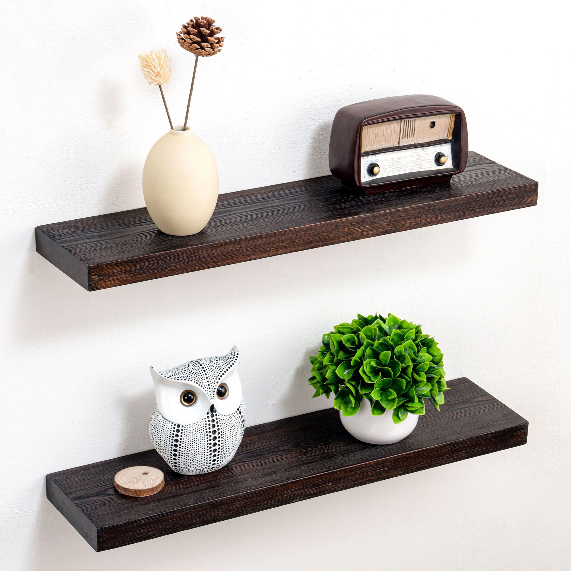 24 Inch Solid Pine Wood Floating Shelves Set of 2, Wall Mounted