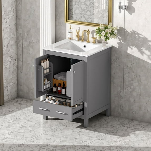 24-Inch Space-Saving Bathroom Vanity with Ceramic Sink & Double Storage ...