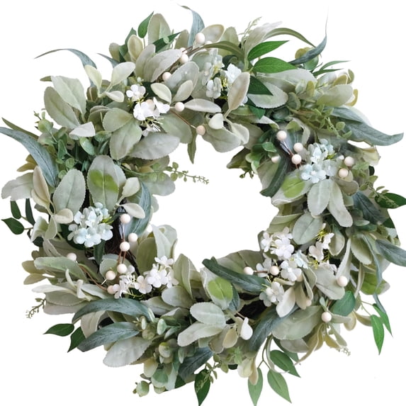 24 Inch Spring Summer Ivory Floral Wreath, Lamb Ear Leaves Greenery Wreath for Front Door, Rustic Farmhouse Artificial Flower Wreath for Indoor & Outdoor Decor