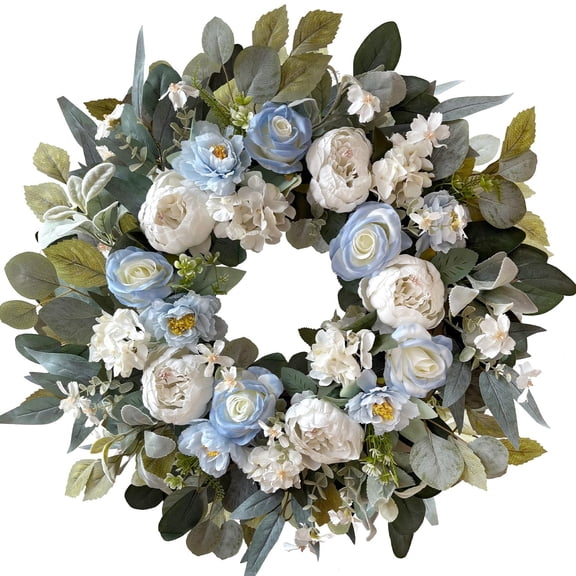 24 Inch Spring Wreaths for Front Door Decor, Spring Front Door Wreath with Pink&Purple Peony Floral and Vintage Blue Hydrangea Flower for Wedding or Indoor&Outdoor Wreath Decoration