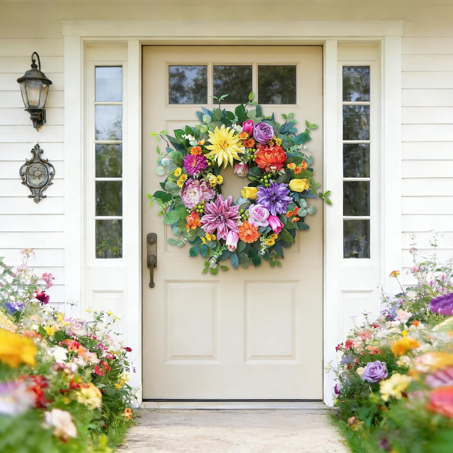 24 Inch Spring Wreaths for Front Door Outside, Luxury Colorful Seasonal ...