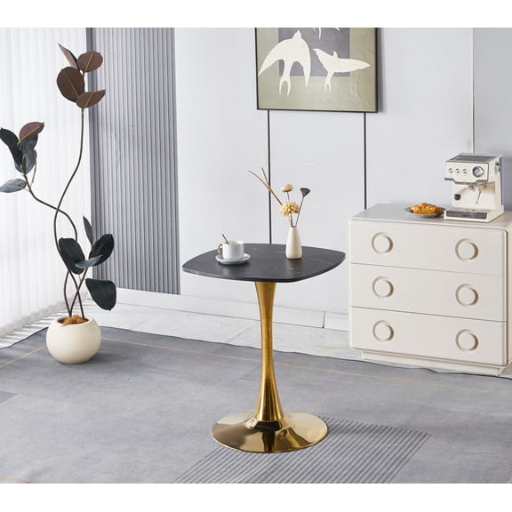 24 Inch Square Tulip Dining Table, Sturdy Golden Metal Pedestal Base, MDF Marble-Look Top for 2-4 Persons, Compact Kitchen Table for Small Apartment