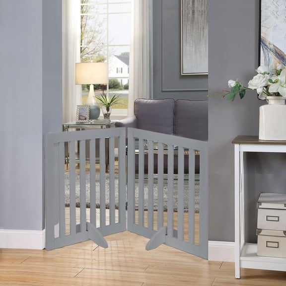 24 Inch Standing Pet Gate for Dog , Wooden Doorway Barrier, Foldable Expandable Fence for Indoor Use,