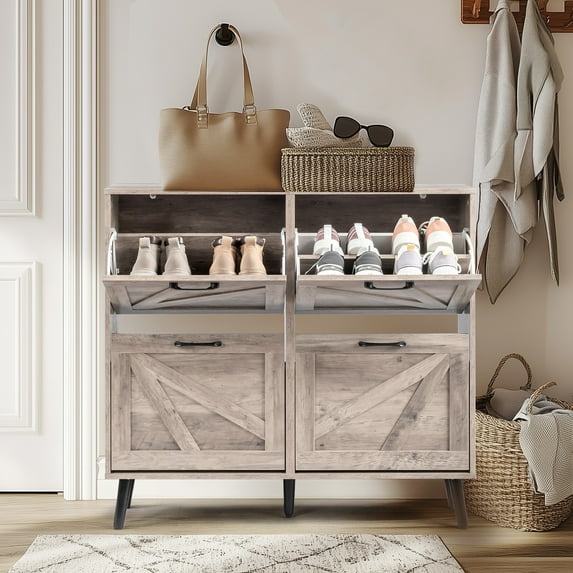 Modern Barn Door Flip Top Shoe Cabinet 4 Compartments Triple Amine Laminated Particle Board Solid Wood Legs for Entryway Hallway Bedroom Apartment
