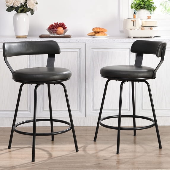 24 Inch Swivel Counter Height Bar Stools Set of 2, Modern Backs, Leather Grey