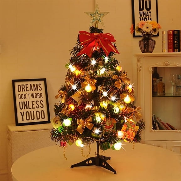 24 Inch Tabletop Artificial Christmas Pine Tree with Illumination and 38 Ornaments