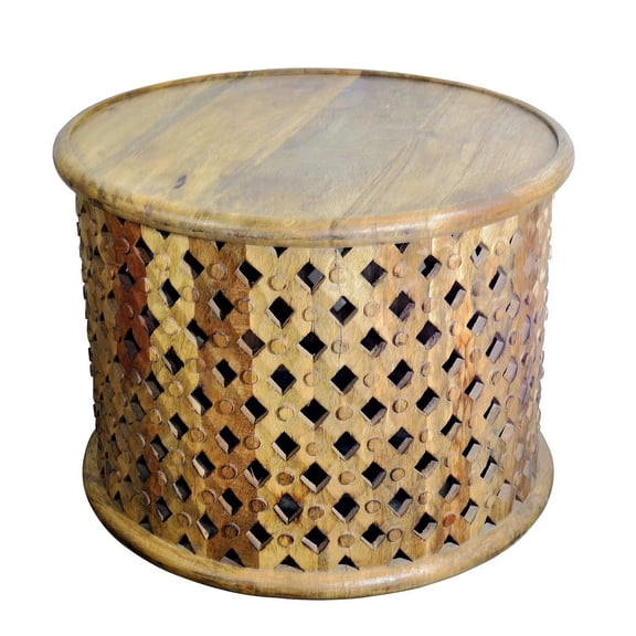 24 Inch Tall Entryway Solid Wood Table | Hancarved Distressed Wooden Entryway End Table | Distressed Brown Natural Finish Round table