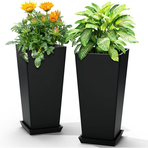 24-Inch Tall Planters Set of 2 for Outdoor and Indoor Use, Tapered Flower Pots with Drainage Tray, Front Porch and Patio Decor, Ideal for Large Plants – Black