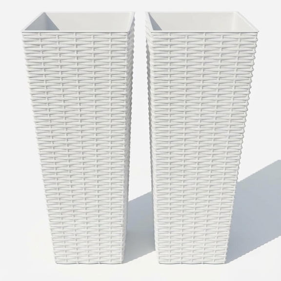 24 Inch Tall Plastic Planters Set of 2,Large Rattan Tall Planter with 4 Drainage Holes,Indoor/Outdoor Decorative Flower Pots for Patio,Backyard, Home Garden