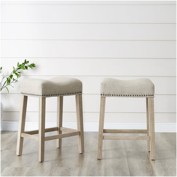 24 Inch Tan Wood Counter Stools Set of 2 with Upholstered Saddle Seats