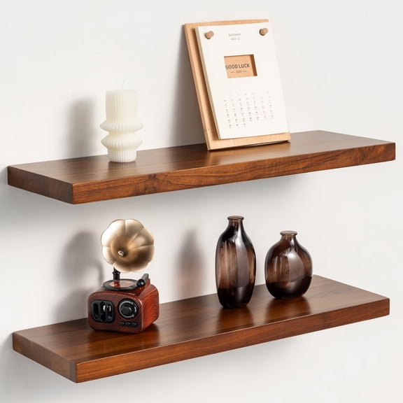 24 Inch Teak Floating Shelves Set of 2 - Solid Natural Wood Wall Mounted Shelves with Invisible Brackets - Heavy Duty Waterproof Storage for Bathroom, Kitchen, Living Room & Outdoor