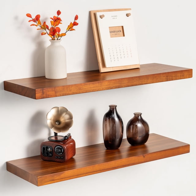 24 Inch Teak Floating Shelves Set of 2 - Solid Natural Wood Wall ...