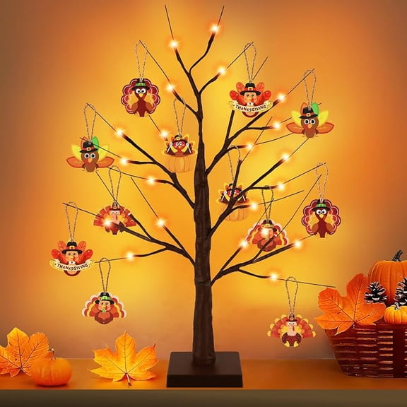 24 Inch Thanksgiving Birch Tree with 24 Orange Lights and 12 Turkey Decor USB and Battery Operated
