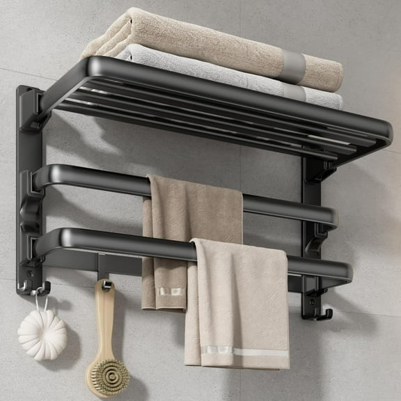 24-Inch Towel Rack,Bathroom Towel Shelf with 2 Towel Bar Foldable Towel Holder with 7 Hooks Towel Storage Organizer for Bathroom & Lavatory Wall Mounted (Matte Black)