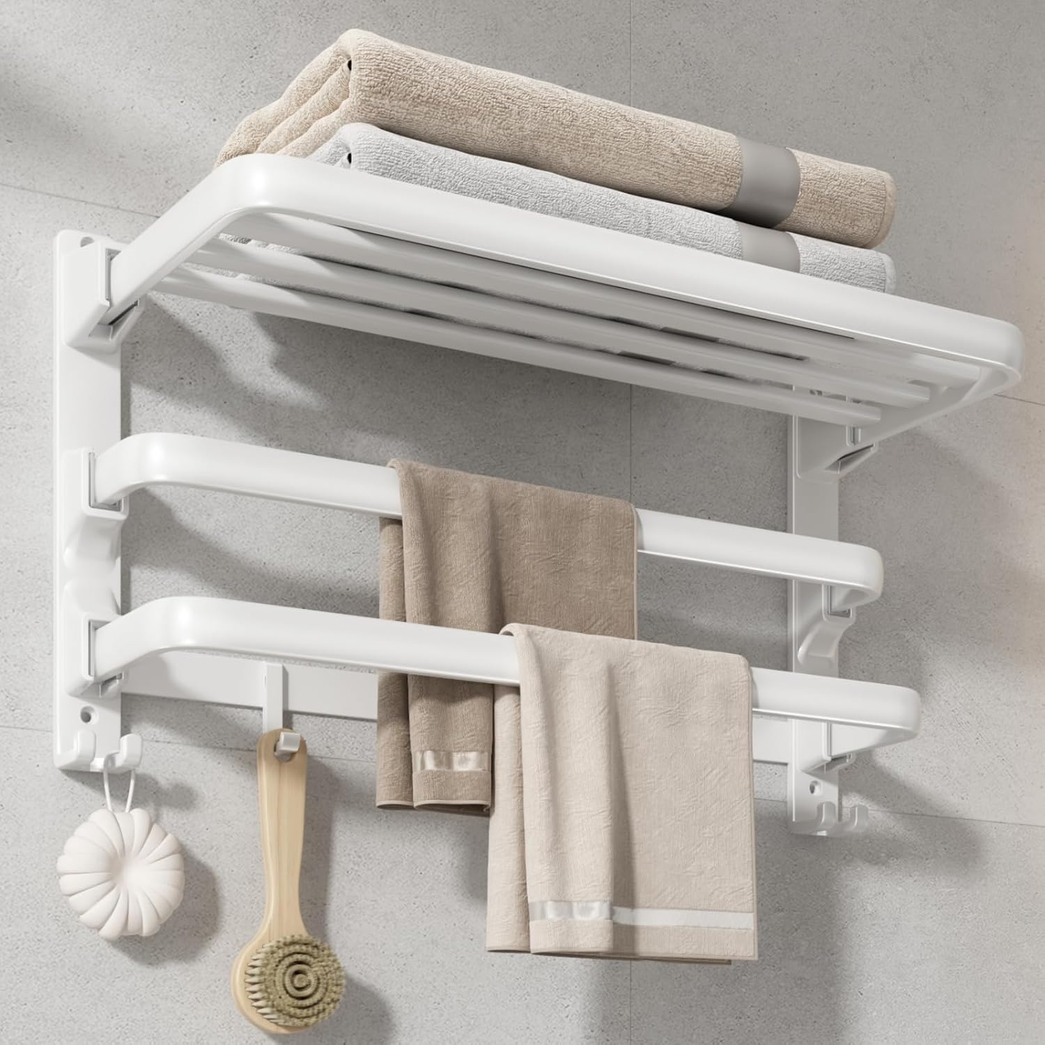 24-Inch Towel Rack,Bathroom Towel Shelf with 2 Towel Bar Foldable Towel ...