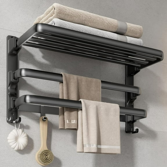 24-Inch Towel Rack,Bathroom Towel Shelf with 2 Towel Bar Foldable Towel Holder with 7 Hooks Towel Storage Organizer for Bathroom & Lavatory Wall Mounted (Matte Black)