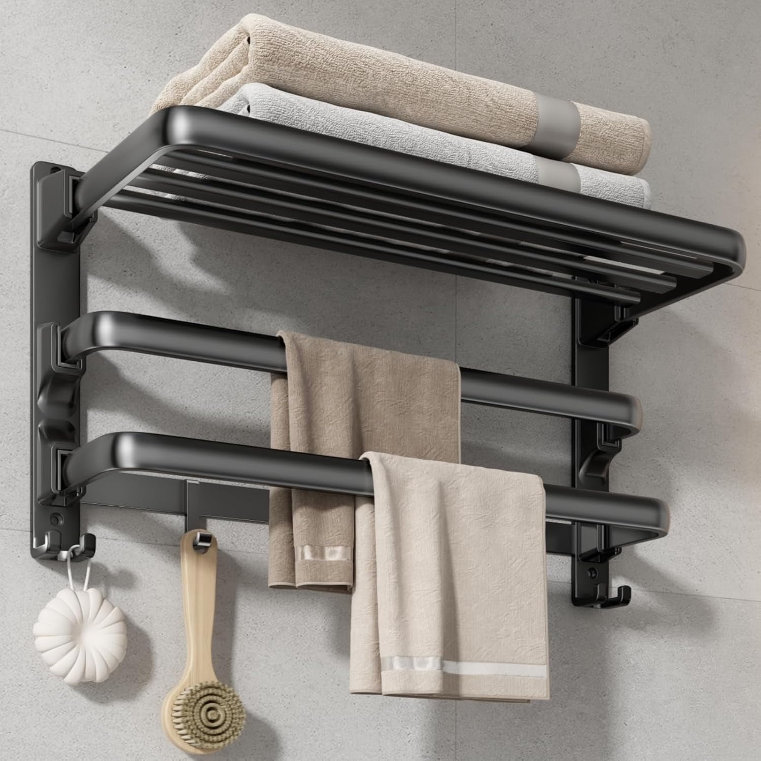 24-Inch Towel Rack,Bathroom Towel Shelf with 2 Towel Bar Foldable Towel ...