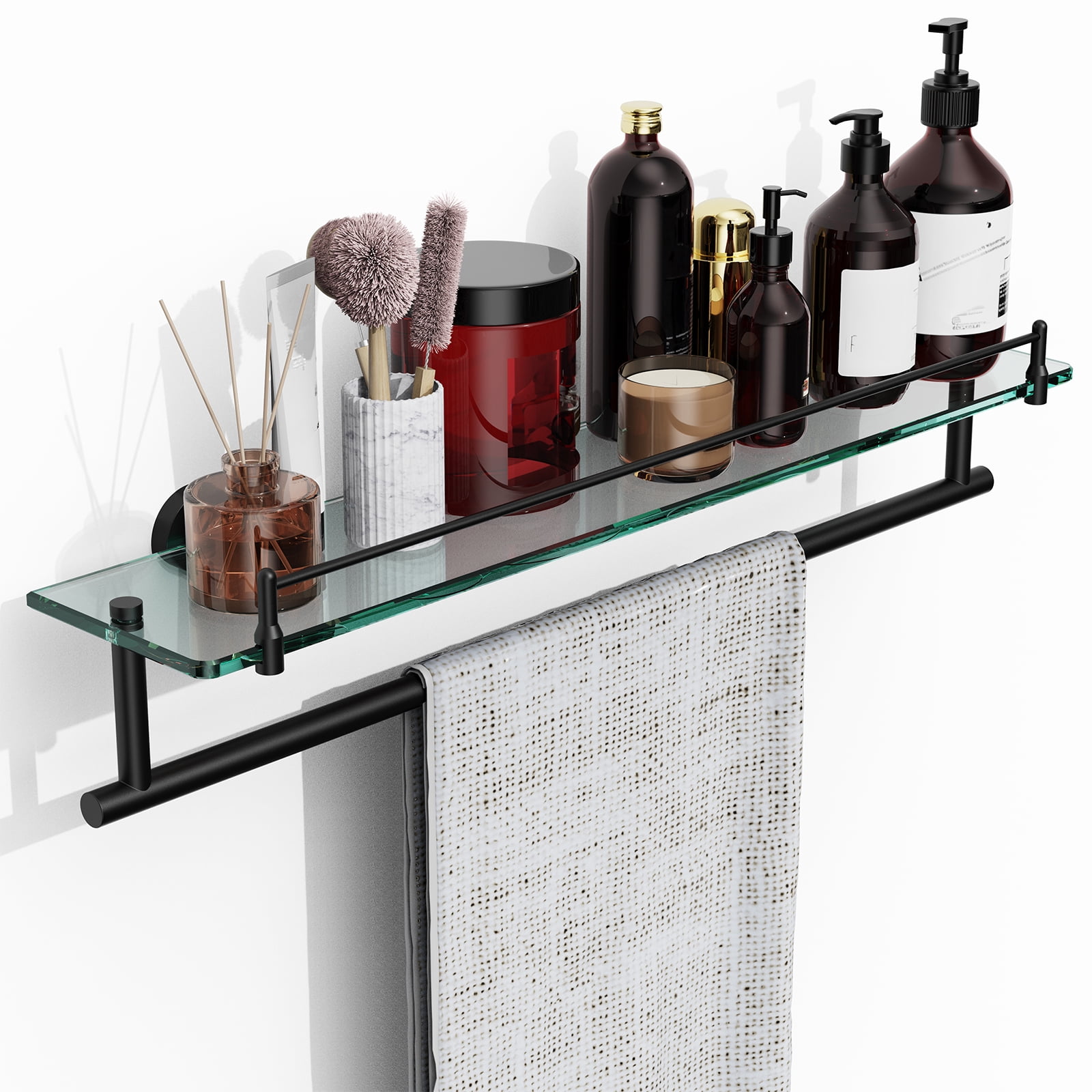 Tempering Rack Kitchen 24-Inch Towel Rack with Shelf -Tempered Glass Bathroom Shelf with Towel ...