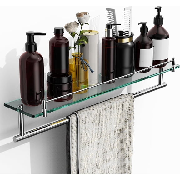 24-Inch Towel Rack with Shelves Tempered Glass Bathroom Shelves with Bar - Chrome Polished Modern Stainless Steel, Wall Mount Rustproof Tower Rail