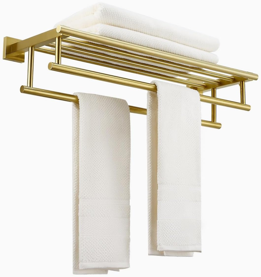 24 Inch Tower Bathroom Towel Rack with Double Bar, Brushed Gold SUS304 ...