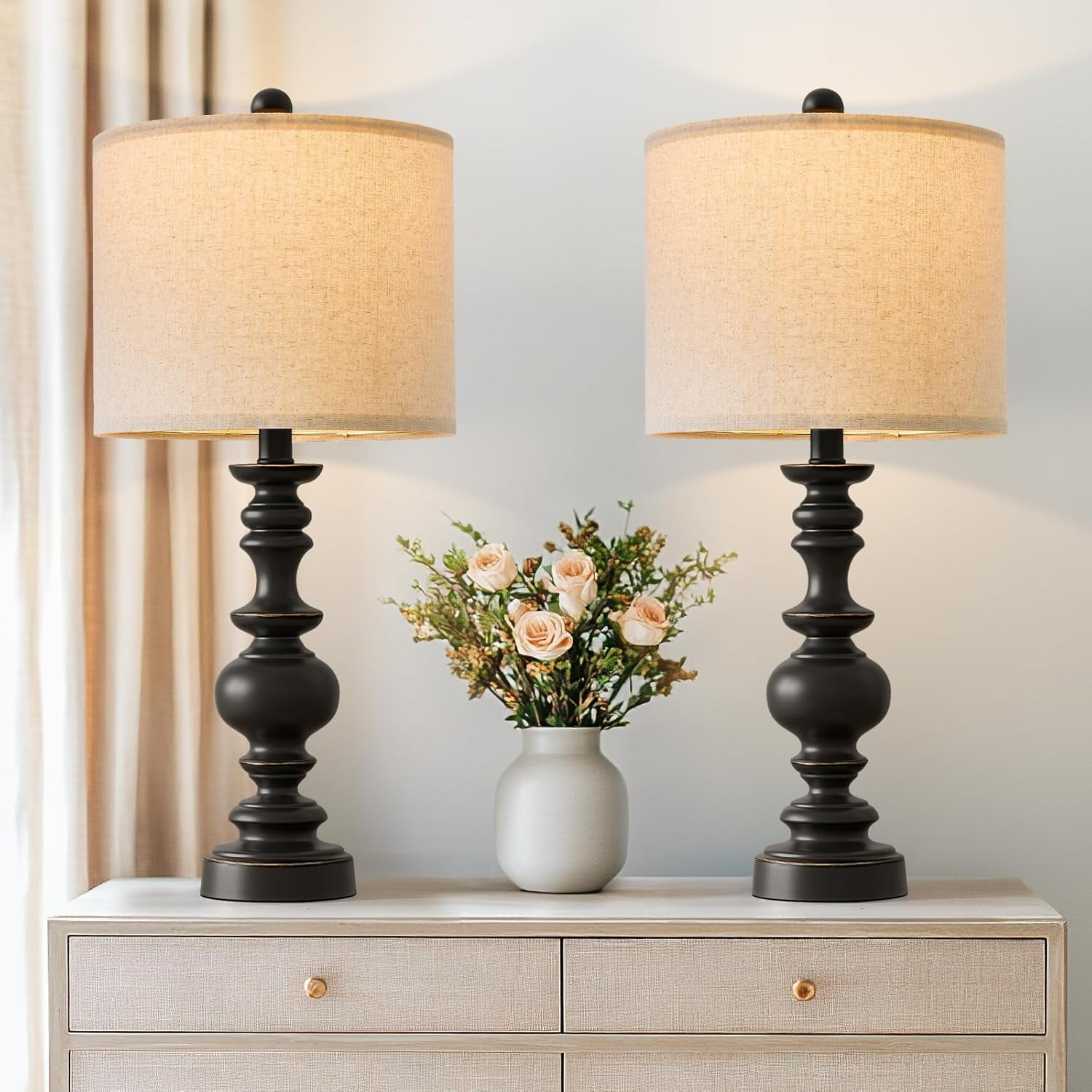 24 Inch Traditional Farmhouse Table Lamp Set of 2 Vintage Resin Nightstand Lamps with Linen Shades for Bedroom Living Room Office