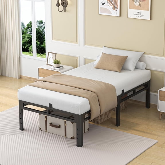24 Inch Twin Size Metal Bed Frame with Box Spring 2 in 1 Platform, Heavy Duty 4000Lbs Mattress Slide Stopper, Round Corner Legs, Noise-Free Easy Assembly
