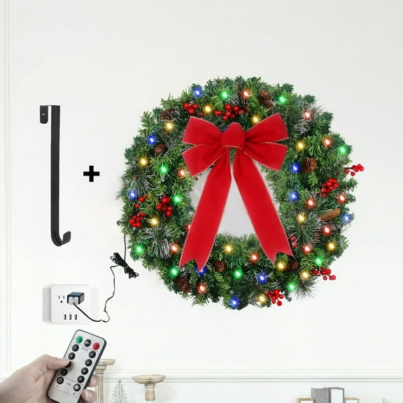 24 Inch Pre-Lit Flocked Christmas Wreath, Multicolor LED Artificial Pine Door Decor with Remote, Frosted Branches & Pine Cones