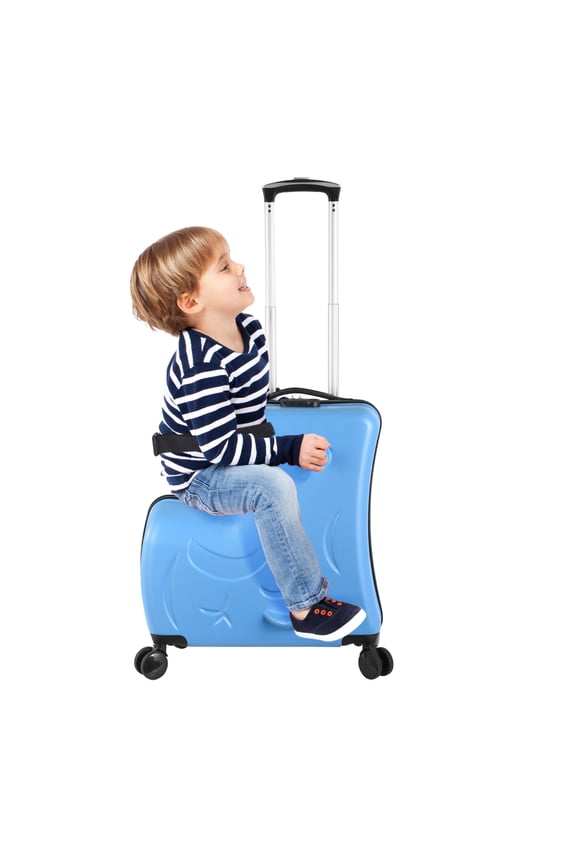 24 Inch Unisex Ride-On Trolley Suitcase, Ride on Suitcase for Kids with Password Lock and Durable Wheels for Summer Camps and Sleepovers (Blue)