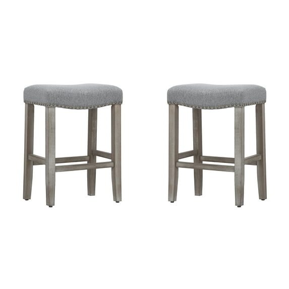 24" Inch Upholstered Saddle Seat Bar Stool (Set of 2), Antique Gray/Gray