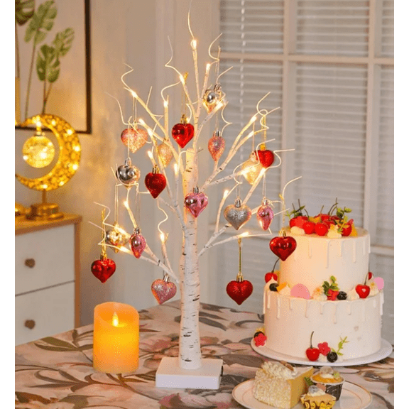 24 Inch Valentine's Day Lighted Birch Tree Decor with 18 Heart Ornaments and 60 Warm White LED Lights - USB and Battery Powered Tabletop Tree for Romantic Home, Wedding, and Party Decorations