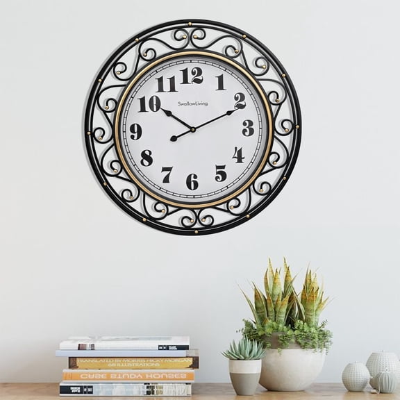 FUIN 24 inch Wall Clock Vintage Black Gold Iron Metal Frame Silent Battery Operated for Living Room Kitchen Office