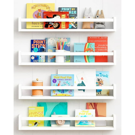 24 Inch Wall Bookshelf for Kids Bedroom Set of 4, White Floating Nursery Book Shelves for Baby Toddler Children Girls Boys Room Decor, Large Wood Wall Mount Bookshelves and Toy Storage