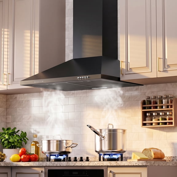 30 Inch Wall Mount Range Hood Ducted/Ductless Convertible Kitchen Exhaust Hood with 450 CFM Motor, 3 Speed Fan, LED Lighting and Dishwasher Safe Filters, Matte Black Painted Finish
