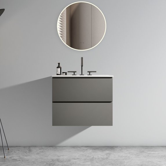 24-Inch Wall-Mounted Bathroom Vanity with Space Grey Ceramic Sink, Floating Design, Soft-Closing Drawers, Three Faucet Holes, Pre-Assembled