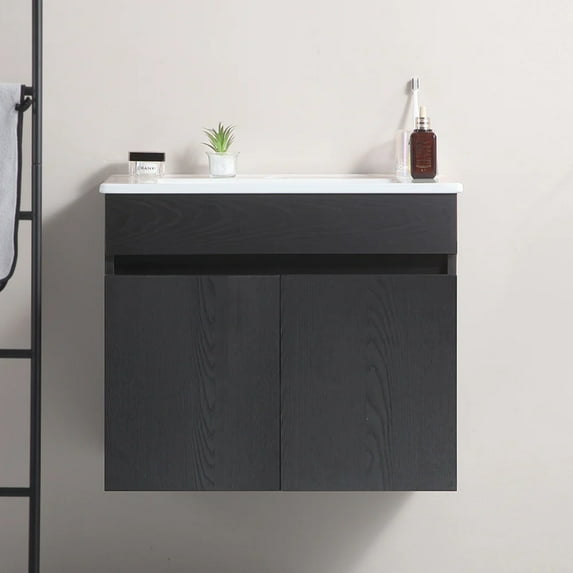 24 Inch Wall Mounted Bathroom Vanity with White Ceramic Basin,Two Soft Close Cabinet Doors, Solid Wood,Excluding faucets,black