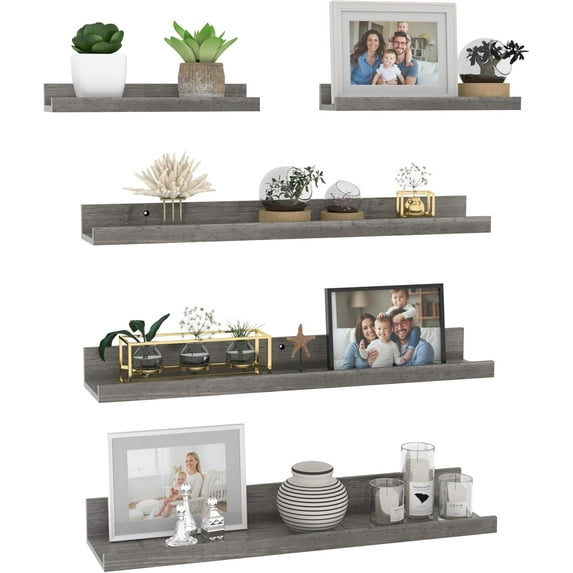 24 Inch Wall Mounted Floating Shelves Set of 5, Grey Wood Wall Shelves for Bathroom, Bedroom, Kitchen, Living Room Storage and Decoration, Gray Wooden Picture Ledge