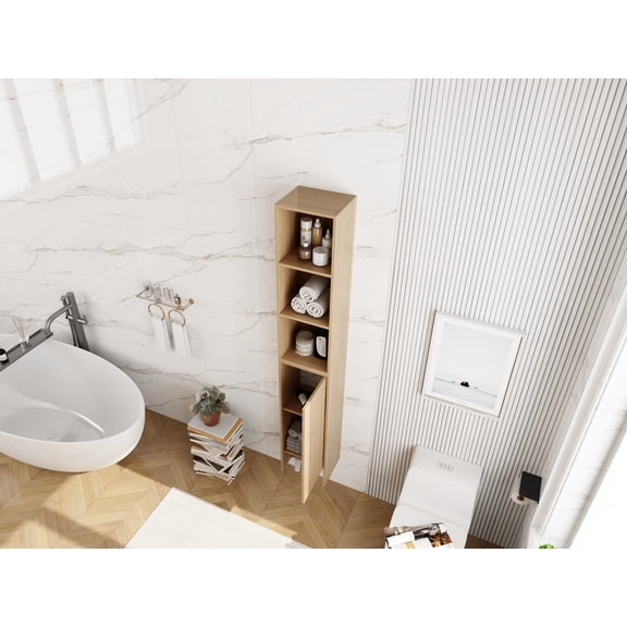 24 Inch Wall-Mounted Side Cabinet and Storage Shelves Combination, Soft Closing Door, Suitable For Small Bathroom, Study, Storage Room, Original Oak (KD-Packing)