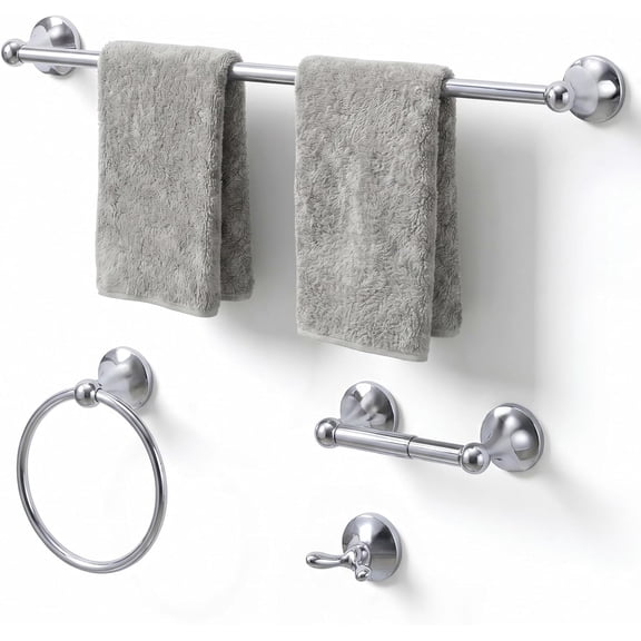 24-Inch Wall Mounted Towel Racks for Bathroom Space Saver 4-Piece Durable Stainless Steel Bathroom Hardware Set with Towel Bar, Towel Ring, Toilet Paper Holder & Hook, Chrome