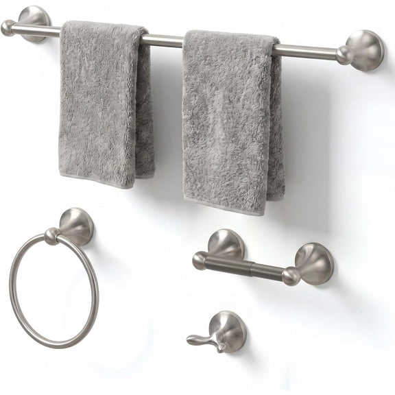 24-Inch Wall Mounted Towel Racks for Bathroom Space Saver 4-Piece Durable Stainless Steel Hardware Set with Bar, Ring, Toilet Paper Holder & Hook, Brushed Nickel