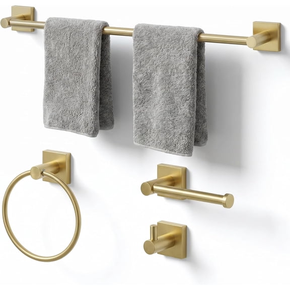 24-Inch Wall Mounted Towel Racks for Bathroom Space Saver 4-Piece Durable Stainless Steel Hardware Set with Bar, Ring, Toilet Paper Holder & Hook, Gold