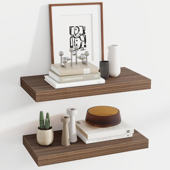 24 Inch Wall Mounted Wall Shelves, 12 Inch Deep Wall Mounted Wall Shelves for Wall, Wall Mounted Shelving with Invisible Brackets, Deep Wall Shelves for Bathroom, Bedroom, Living Room, 2 Pack, Walnut