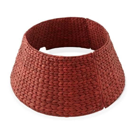 24-Inch Water Hyacinth Christmas Tree Collar, Woven Tree Base Cover with Cord Cut Out, Red