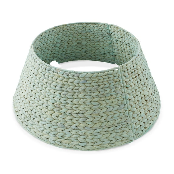 24-Inch Water Hyacinth Christmas Tree Collar, Woven Tree Base Cover with Cord Cut Out, Seafoam
