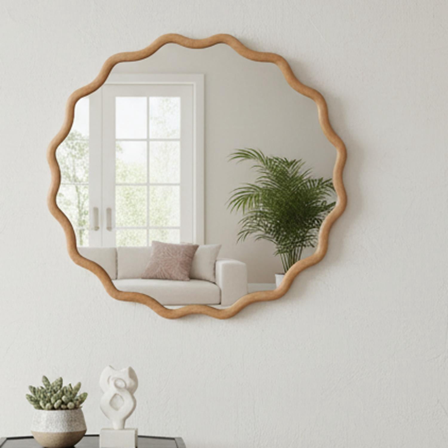 24-Inch Wavy Round Solid Wood Frame Mirror, Decorative Wall Mirror and Vanity Mirror for Bedroom Bathroom Living Room Entryway, Natural Wood
