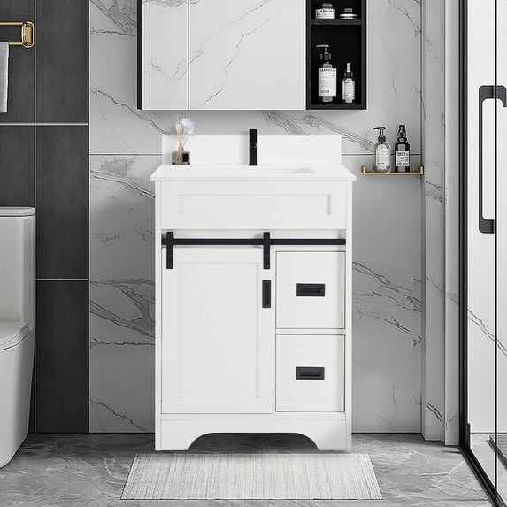 24 Inch White Bathroom Vanity Set - MDF+Metal Construction, with Sink ...