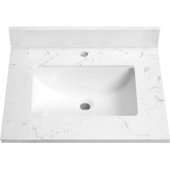 24 Inch White Bathroom Vanity Top, Engineered Stone Countertop with Sink, Single Faucet Hole Spread with Backsplash Bathroom Vanity Sink Top