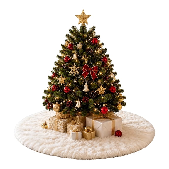 24 Inch White Faux Fur Christmas Tree Skirt, Soft Plush Christmas Tree Skirt for Indoor Holiday Party Home Decor