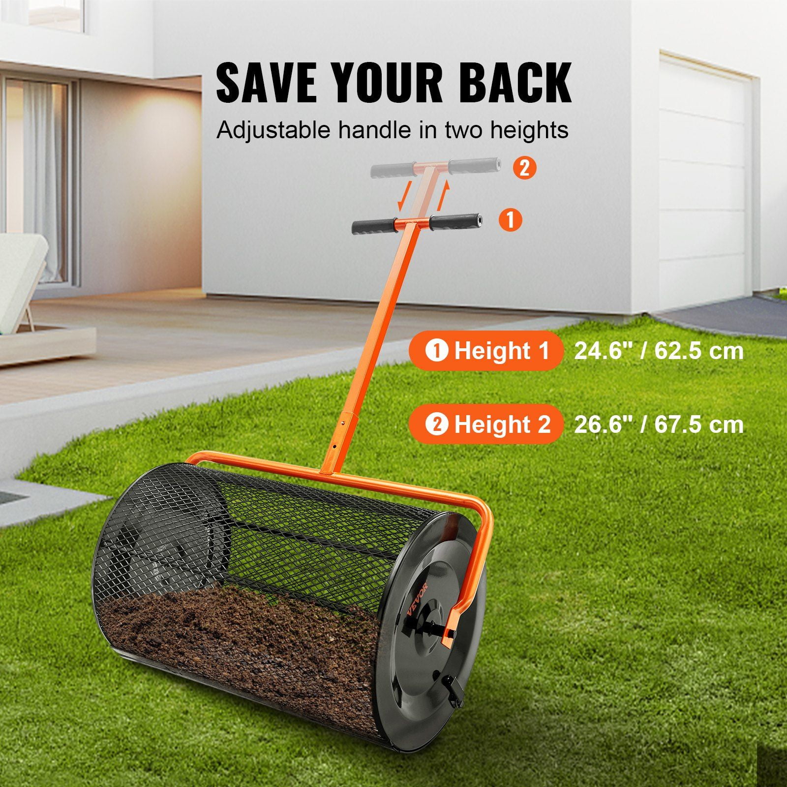 24 Inch Wide Adjustable Compost Spreader, Peat Moss and Mulch Spreader for Lawn & Garden, 24.4-26.4 Inch Height Range, Durable Lightweight Yard Care Equipment