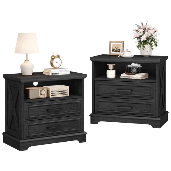 24 Inch Wide Farmhouse Nightstands Set of 2 with Charging Station, Bedside Table with 2 Large Drawers, Wood End Table for Bedroom, Black
