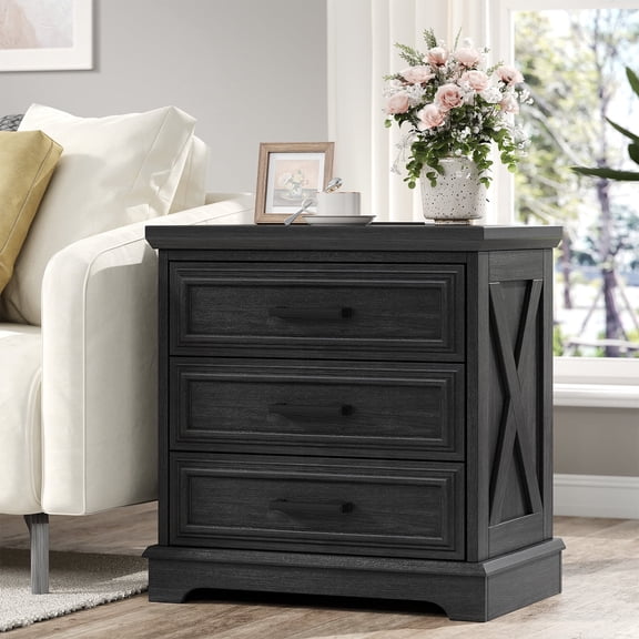 24 Inch Wide Farmhouse Nightstands with Charging Station, Bedside Table with 3 Large Drawers, Wood End Table for Bedroom, Black
